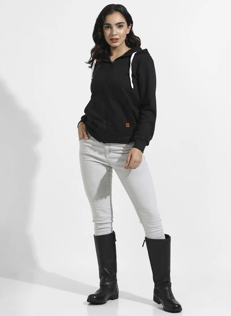 Pinacolada  Women's Onyx Black Solid Zip-Front Hoodie For Casual Wear | Hooded Neck | Long Cuffed Sleeves | Zipper Closure | Sweatshirt Crafted With Comfort Fit For Everyday Wear for Women | Best Price UAE